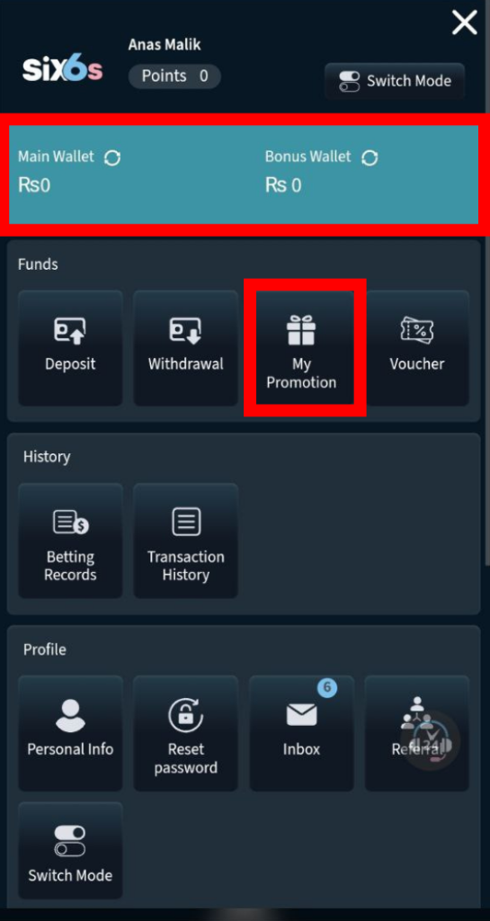 six6s app main wallet and bonus wallet is the gateway of Deposit at Six6s