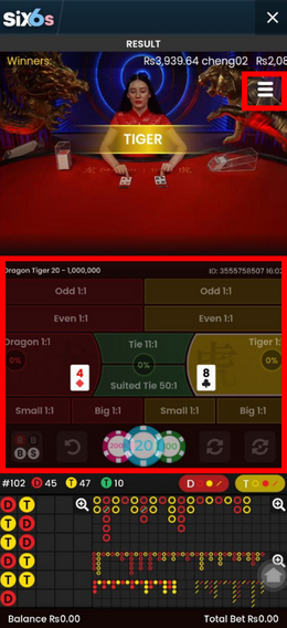Dragon and Tiger live casino game in six6s