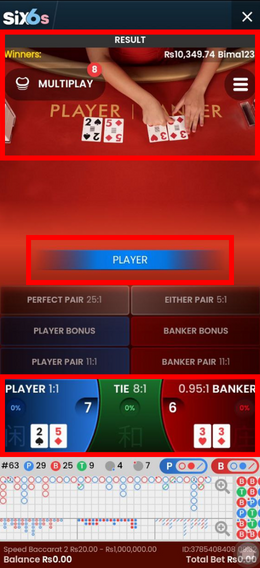 Player and Banker live casino game in six6s
