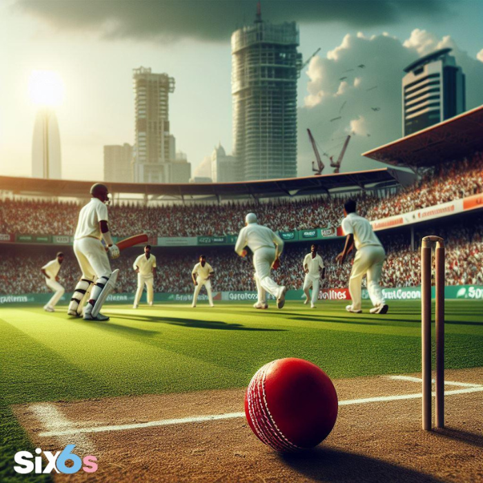 Alt text: A dynamic scene of a cricket match in progress, with players in action on the field, a red ball in the foreground, and a cityscape with tall buildings in the background under a bright sky. Sponsored by Cricket Exchange.