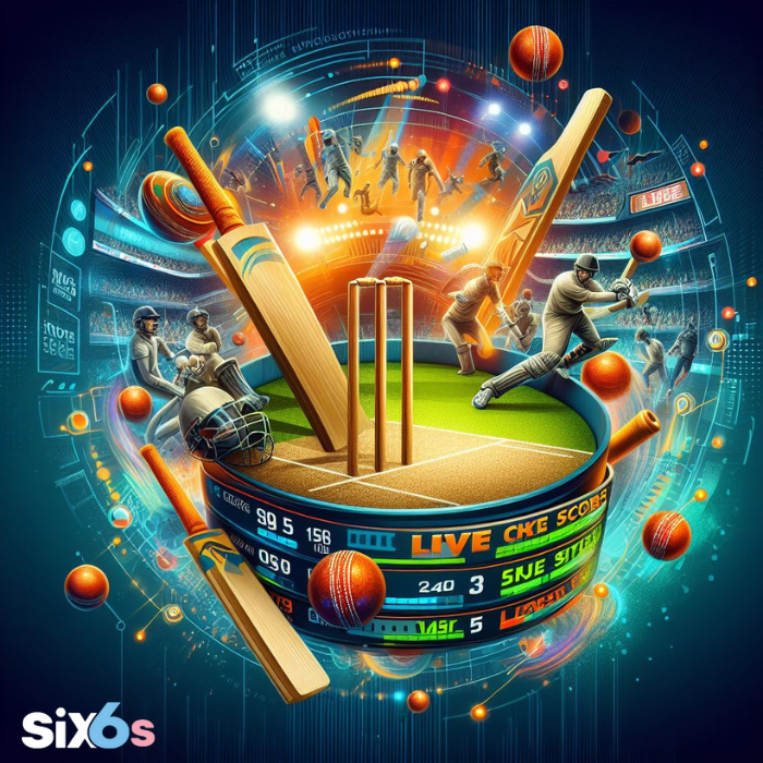 A vibrant and dynamic illustration related to Live cricket score, featuring players in action, a stadium, cricket equipment like bats and balls, and live score details.
