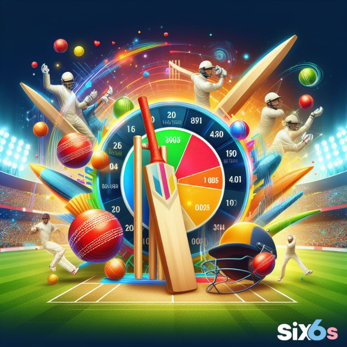 A vibrant and dynamic Mostbet illustration of a cricket game, featuring players in action, cricket equipment, and a colorful pie chart displaying various statistics.