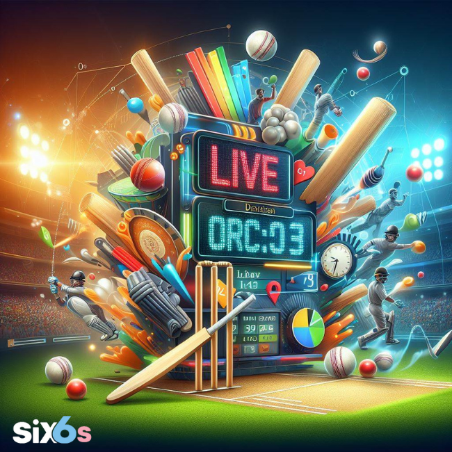 A vibrant and dynamic illustration of various cricket elements, including players, bats, balls, and a scoreboard displaying “LIVE Cricket" stadium background.